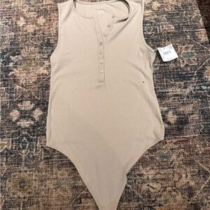 American Eagle Outfitters Beige Ribbed Henley Bodysuit